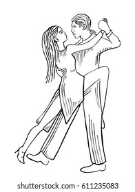 Couple dancing tango. Black vintage vector illustration isolated on white background