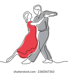 Couple dancing tango continuous line colourful vector illustration