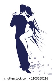 Couple dancing tango drawn sketch by line isolated on white background and ink spots