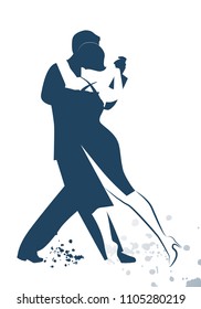 Couple dancing tango drawn sketch by line isolated on white background and ink spots