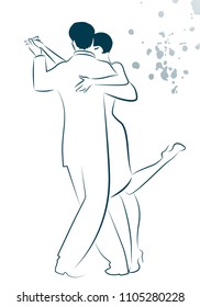Couple dancing tango drawn sketch by line isolated on white background and ink spots