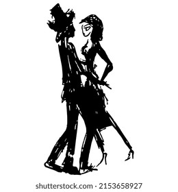 A couple dancing tango. Hand drawn linear doodle rough sketch. Black ink silhouette on white background.
