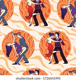 Couple dancing tango hand-drawn doodle seamless pattern.