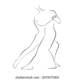 Pareja bailando arte de la línea de tango sobre fondo blanco aislado. Ilustración del vector