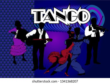 A couple dancing tango and musicians. Gangster style 1930.