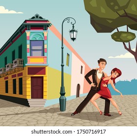 Couple Dancing Tango On Buenos Aires  La Boca Street Illustration