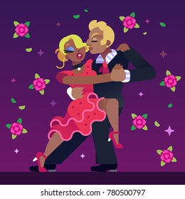 Couple Dancing Tango on a Red Flowers at Purple Background