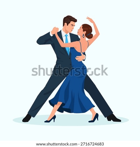 Couple dancing tango on a white background. Argentine tango. Romantic couple dancing. People in love. Relationship concept. Couple dancing tango. Two people hugging. Valentine's Day. Vector.
