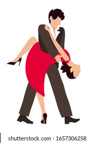 A couple dancing tango together on a white background clipart in isolation. Passionate man dances with a sexy woman. Hand drawn vector graphics in flat style