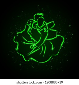 Couple dancing tango. Top view. Vector green neon illustration.