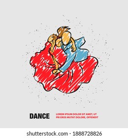 Couple dancing tango. Vector outline Dance illustration with scribble doodles style drawing.