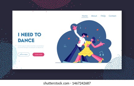 Couple Dancing Tango Website Landing Page, Man and Woman in Loving or Friendly Relations Spend Time Together, Disco Dance Activity, Leisure or Hobby. Web Page. Cartoon Flat Vector Illustration, Banner