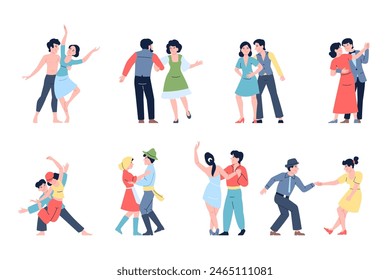 Couple dancing together. Different dancers, modern and ballet, hip hop and traditional dances. People in different costumes, entertainment actors recent vector set