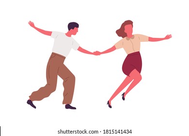 Couple dancing together holding hands vector flat illustration. Professional dancers demonstrate Lindy hop or Swing choreography isolated on white. Man and woman characters enjoying hobby or perform