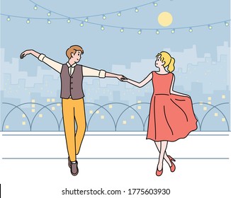 A couple is dancing together at night when the city lights are sparkling. hand drawn style vector design illustrations. 