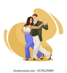 Couple dancing together on a yellow abstract background. Vector illustration