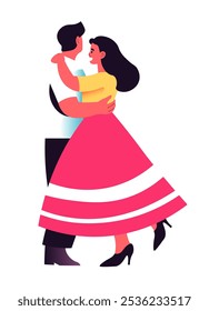 A couple dancing in traditional attire, captured in a flat vector design. Isolated on a white background, this illustration is ideal for cultural or festival event designs.