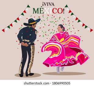 Couple dancing traditional mexican dance, and text in spanish: Long live Mexico 