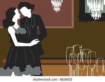 couple dancing under chandelier light	