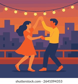 Couple Dancing Under City Lights at Sunset