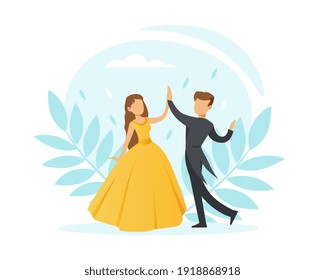 Couple Dancing Waltz, Classical Choreography Concept, Dance Class Cartoon Vector Illustration