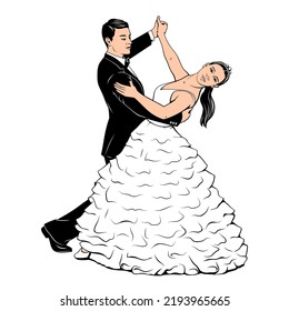 Couple Dancing Waltz. Wedding Dance. Pop Art, Ink Style. Vector Drawing.