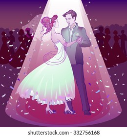Couple dancing wedding dance in the spotlight. Vector illustration.