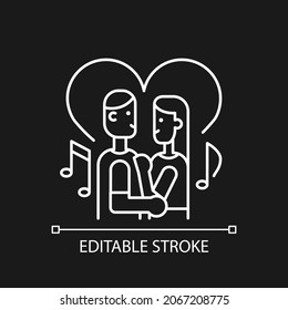 Couple dancing white linear icon for dark theme. Married people slow dance. Dance lesson for couple. Thin line customizable illustration. Isolated vector contour symbol for night mode. Editable stroke