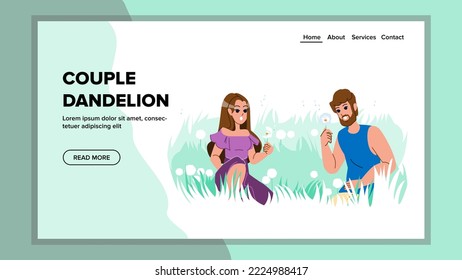 couple dandelion vector. love grass, nature girl, happy green, man young, fun spring, woman smile couple dandelion web flat cartoon illustration