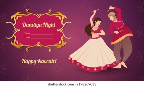 Cartel vectorial de la pareja dandiya, Happy navratri.