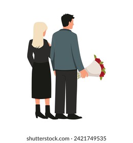 Couple in dark clothes with funeral flowers on burial. Persons in sadness, mourns the dead, grief. Funeral ritual concept. Cartoon funerary ceremonial sorrow flat illustration, view from the back