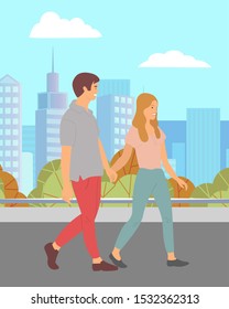 Couple at date in autumn park. Man and woman holding hands walking at street in city. Cityscape with skyscrapers and clouds at sky. Romantic pair in love. Boyfriend and girlfriend dating vector