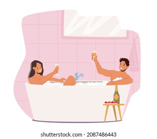 Pareja Fecha en Baño, Relajación, Cuidados Corporales, Concepto de Luna de Miel. Joven sentada en una bañera de hidromasaje con tratamiento de agua de baño con espuma y champán. Ilustración de vectores de personas de caricatura