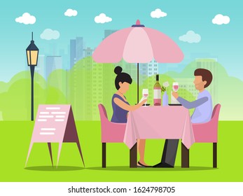 Couple date in cafe outside vector illustration. Man and woman sitting at table drinking wine and talking