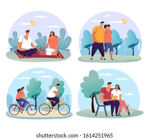 Couple at date, man and woman having a bicycle ride or walk, male and female picnic, friends reading book on bench. Romantic date at park, simple people together. Girlfriend and boyfriend activity