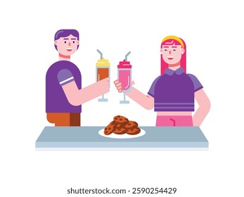 Couple date in restaurant, cheers drink. Design character. Vector flat illustration