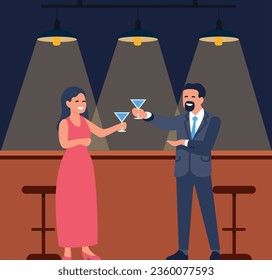 Couple dating at bar. People drink alcoholic cocktails. Romantic meeting. Happy man and woman standing at pub counter. Girlfriend and boyfriend holding martini glasses