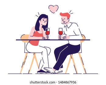 Couple dating in cafe flat vector illustrations. Romantic boy and girl sitting at restaurant table. Young people drink wine, flirt isolated cartoon characters with outline elements on white background