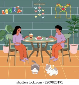 Pareja saliendo en una cafetería. Ilustración del vector