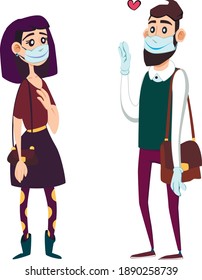 Couple dating during the coronavirus pandemic. Couple have a good time together in masks. Couple in love.