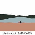 Couple dating and enjoying calm lake and mountain landscape view during holiday vacation.