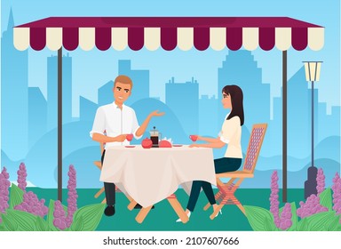 Couple dating and having breakfast outdoor restaurant. Family spending romantic good time together