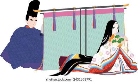 A couple dating. Image illustration of a woman in Japanese kimono "Junihitoe" and a man in "noushi"