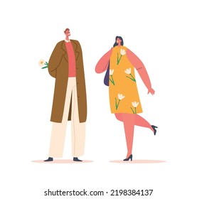 Citas Parejas, Amo La Relación Humana, Concepto De Festividades De San Valentín. Hombre escondiendo el Bouquet detrás de la espalda prepara el regalo a la novia. Una mujer sorprendida se reúne con un novio. Ilustración del vector de dibujos animados