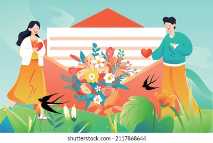 A couple dating on the grass with a love letter in the background, vector illustration