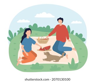 Couple dating on picnic. Man and girl relaxing in nature with their dog. Walking with pets, outdoor recreation. Vacation, weekend. Couple Sitting on Blanket with Food. Cartoon flat vector illustration