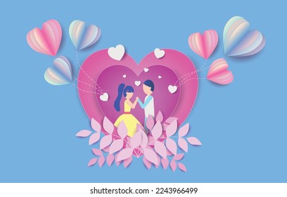 pareja que sale en San Valentín fondo azul fondo rosa corazón brillante romántico día de amor Amor San Valentín abstracto día carta de invitación con amor de texto y joven alegre, papel cortado rosa escuchar