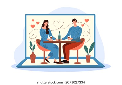 Couple dating online. Romantic date on internet, metaphor for dating apps. Man and girl found each other. Restaurant, evening, wine. Relationship, connection. Cartoon flat vector illustration