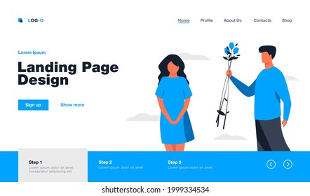 Couple dating outdoors. Guy giving flowers to girlfriend. Flat vector illustration. Love, romance, relationship, flirt concept for banner, website design or landing web page