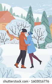 Couple dating outdoors. Winter landscape, hugging, romantic walk flat vector illustration. Love, romance, leisure concept for banner, website design or landing web page